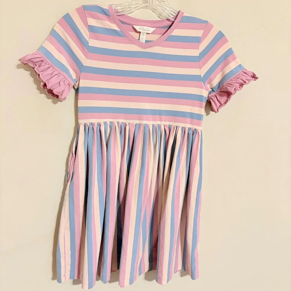 Matilda Jane Girls Emery Pink Blue Striped Ruffle Sleeve Dress Size 10 32005D